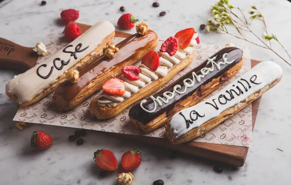 The inscription, chocolate, strawberry, cake, glaze, eclairs