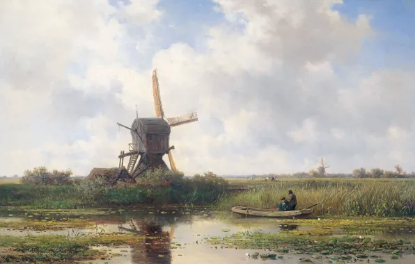 Landscape, boat, oil, picture, canvas, windmill, Willem Roelofs, Abcoude is a village on the River …