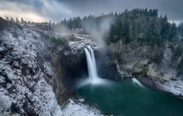 Winter, forest, house, rocks, waterfall, stream, USA