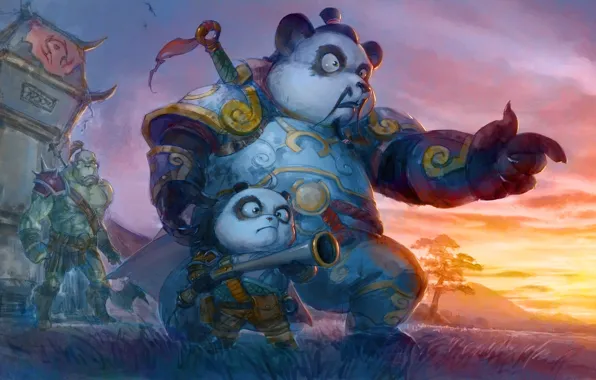 Art, the gun, World of Warcraft, Orc, Pandaren, father and son