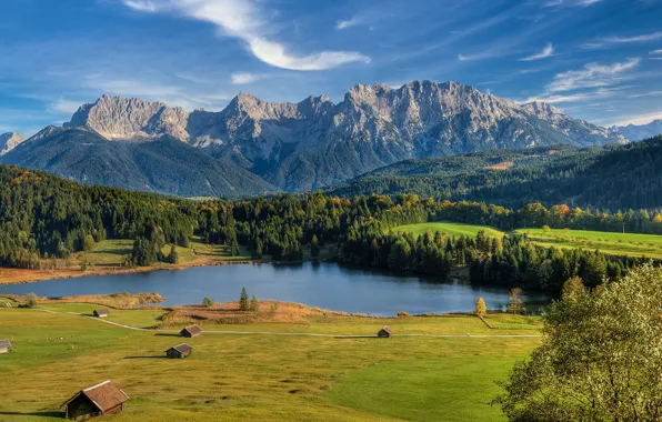 Field, autumn, forest, clouds, mountains, nature, green, lake