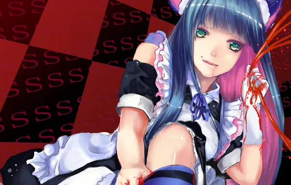 Girl, blood, stockings, anime, art, fangs, ears, anarchy stocking