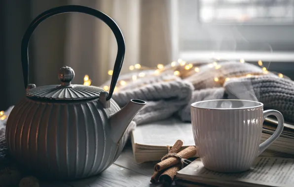 Light, comfort, table, grey, tea, books, lights, kettle