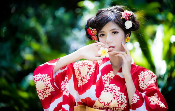 Girl, kimono, Asian, hairstyle