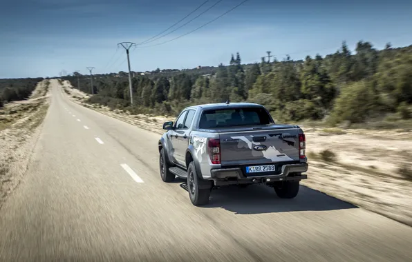 Picture road, trees, grey, posts, Ford, Raptor, pickup, Ranger