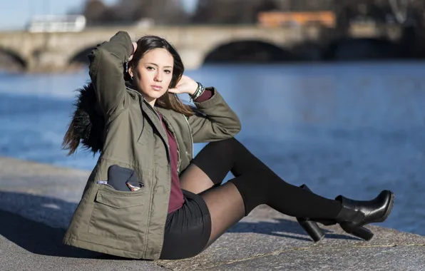 Look, model, hair, skirt, hands, jacket, legs, sitting