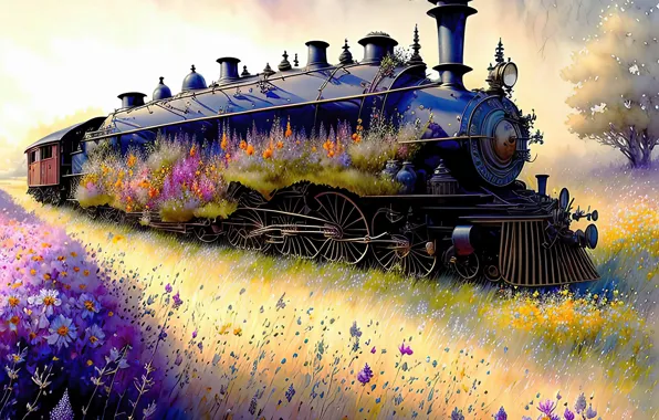 Field, summer, landscape, flowers, nature, fantasy, graphics, train