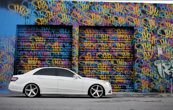 White, graffiti, tuning, Mercedes, side, tinted, E Class