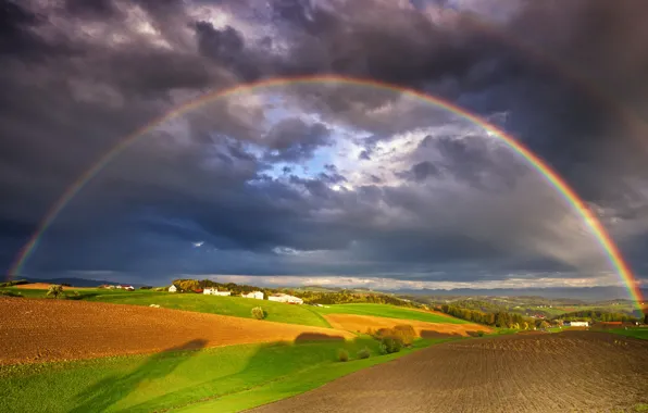 Greens, field, the sky, light, clouds, hills, field, rainbow