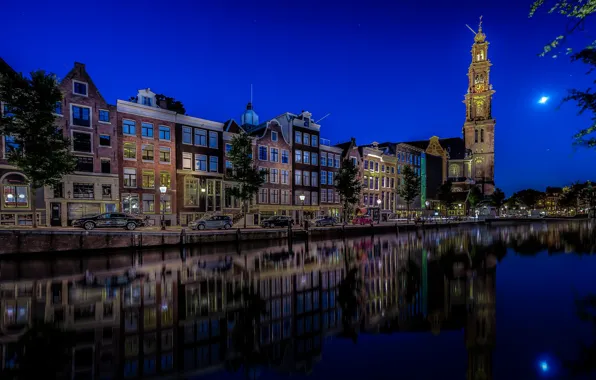 Picture auto, machine, reflection, building, Amsterdam, Church, channel, Netherlands