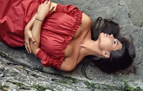 Girl, pose, hands, neckline, red dress, shoulders, closed eyes, Anton Artyushin