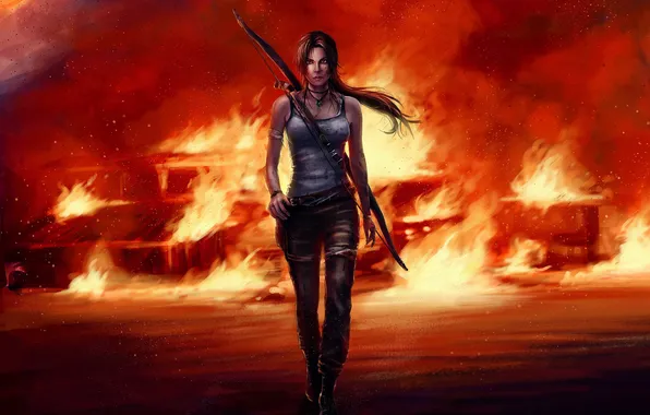 Picture girl, fire, Tomb Raider, Lara Croft