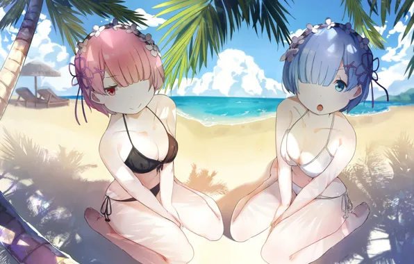 Beach, swimsuit, girls, demons, anime, art, sisters, Ram