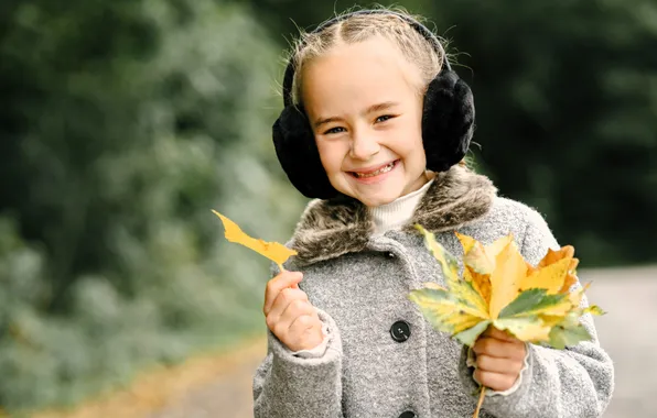 Autumn, leaves, children, smile, headphones, girl, coat
