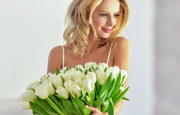 Girl, flowers, smile, bouquet, makeup, hairstyle, blonde, tulips