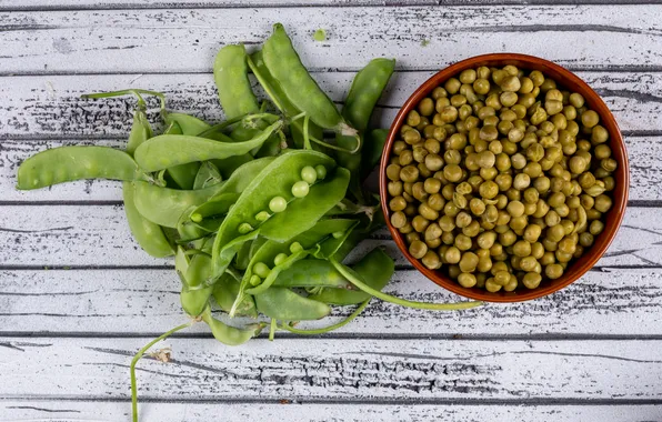 Table, peas, green peas, green peas, young green peas