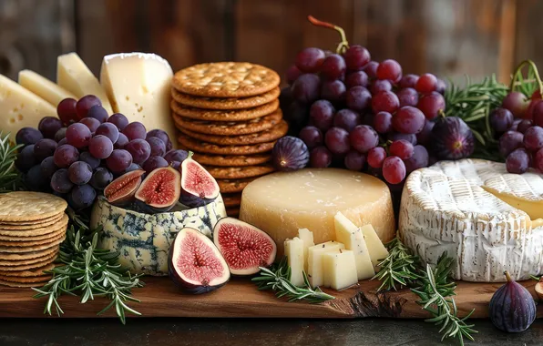 Table, Board, cheese, cookies, grapes, pieces, stack, crackers