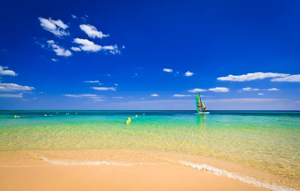 Sand, beach, the sky, clouds, the ocean, boat, horizon, the buoys