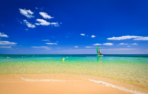 Sand, beach, the sky, clouds, boat, The ocean, horizon, the buoys