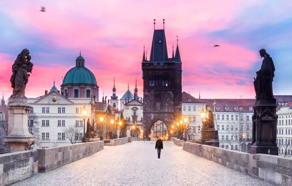 Tower, morning, Prague, Czech Republic, lights, Charles bridge