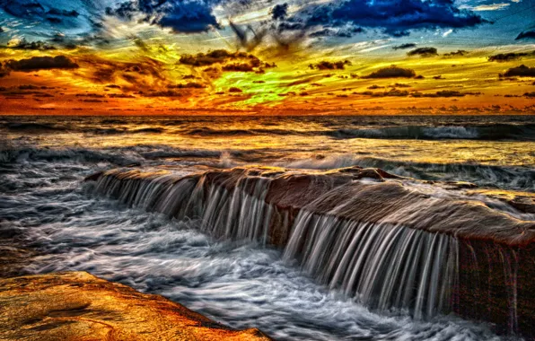 Sunset, Waterfall, Picture, Beauty, Photoshop