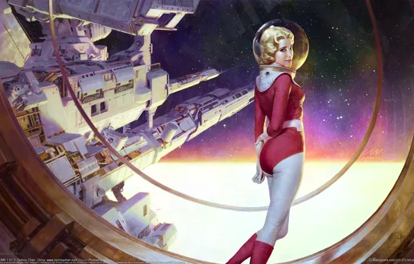Picture girl, space, space station, starship, Zezhou Chen