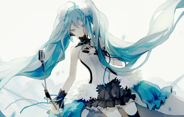 White background, fur, microphone, corset, blue eyes, vocaloid, Hatsune Miku, long hair