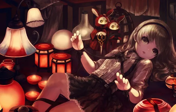 Picture girl, fire, candles, anime, art, lights, rabbits, ears