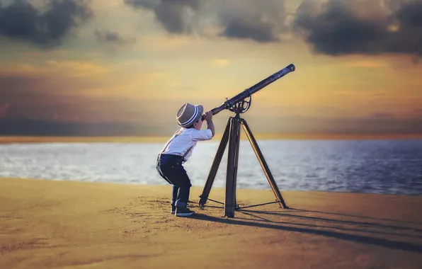 Picture the sky, boy, telescope