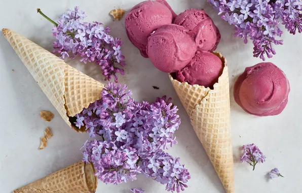 Ice cream, waffles, lilac