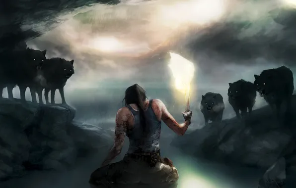 Girl, torch, wolves, Tomb Raider, sitting
