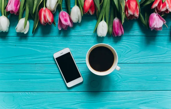 Flowers, coffee, colorful, Cup, tulips, pink, white, iphone