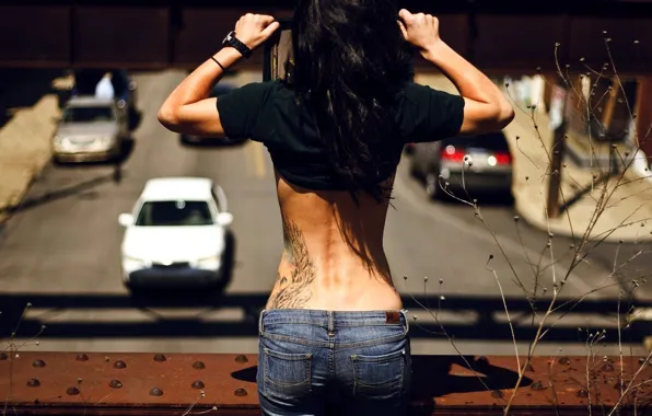 Girl, machine, street, hair, back, watch, hands, tattoo