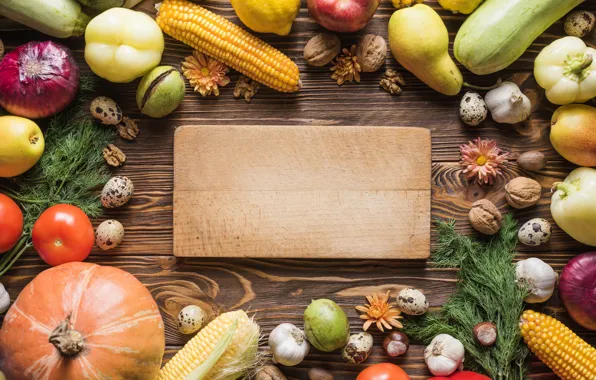 Picture flowers, eggs, corn, fruit, vegetables, pear, zucchini