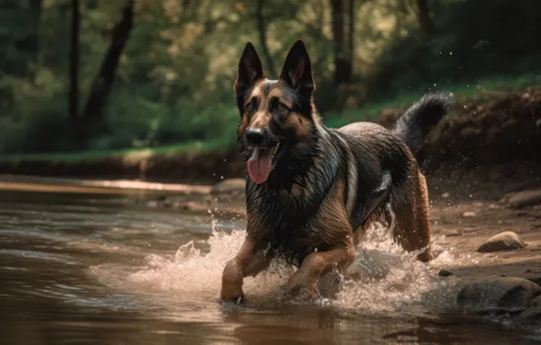 Language, nature, shore, dog, bathing, art, pond, German shepherd