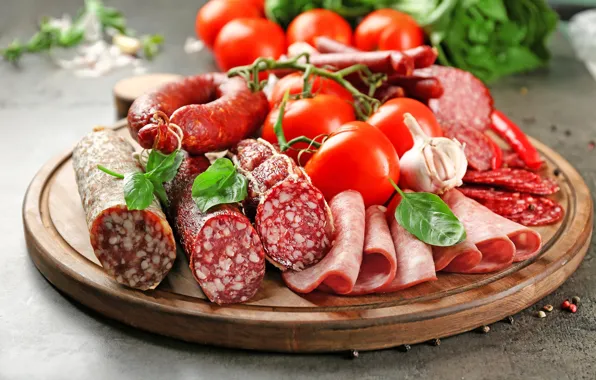 Board, tomatoes, sausage, ham