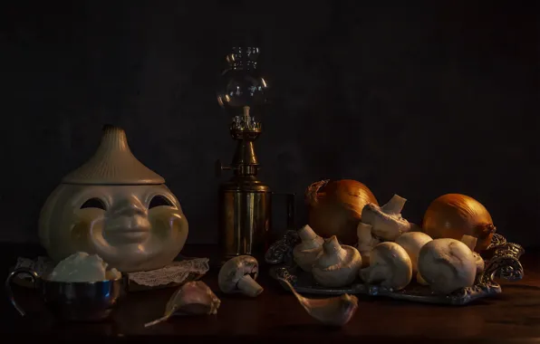 Face, retro, the dark background, table, mushrooms, lamp, bow, pumpkin