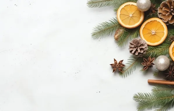 Branches, oranges, Christmas, white background, New year, fruit, needles, circles