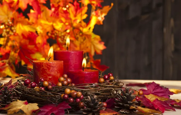 Autumn, leaves, candles