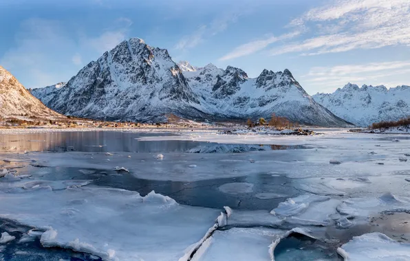 Picture ice, winter, the sky, water, clouds, snow, landscape, mountains