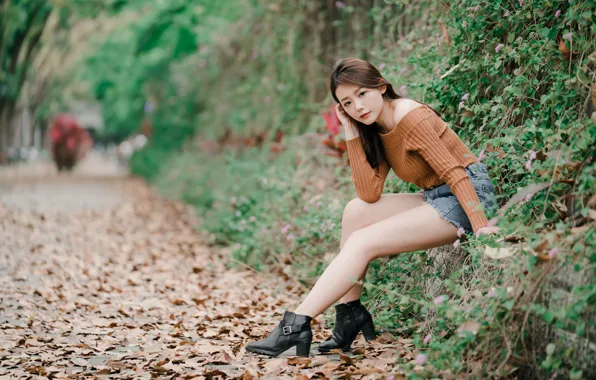 Autumn, look, leaves, pose, Park, track, shorts, legs