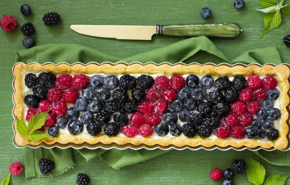 Berries, pie, knife, cream, BlackBerry, rectangle