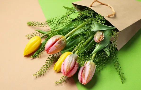 Flowers, bouquet, package, tulips, yellow, pink, flowers, tulips