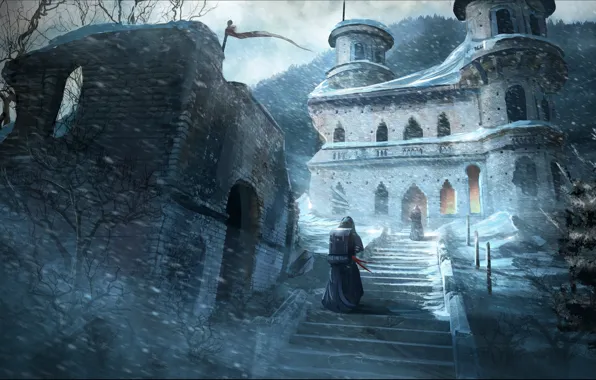 Picture snow, trees, castle, people, flag, stage