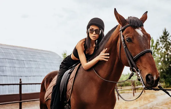 Girl, horse, horse, brunette, glasses, helmet, top, rider