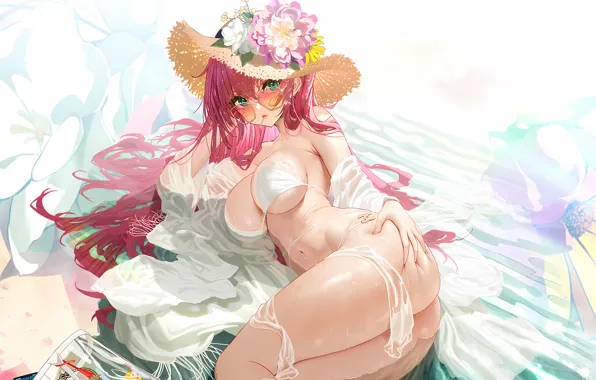 Girl, sexy, ass, wet, cleavage, pink hair, green eyes, long hair