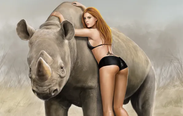 Girl, art, tattoo, Rhino