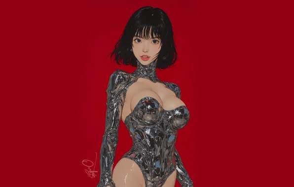 Picture red, asian, chrome, AI Art, OukenM24, techtock, girl in armor