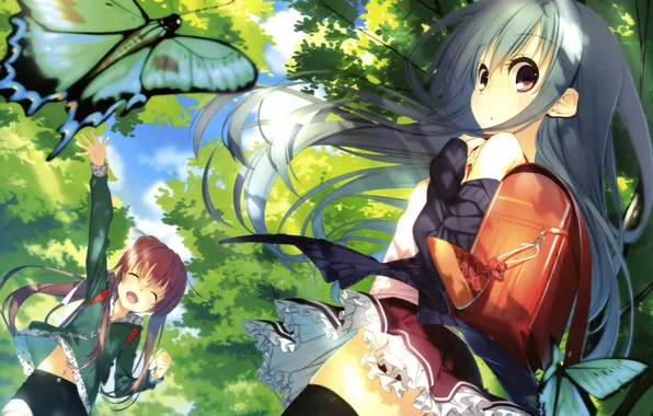 The sky, clouds, trees, butterfly, nature, girls, the wind, anime