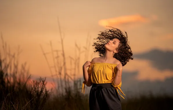 Field, girl, clouds, light, sunset, branches, nature, pose